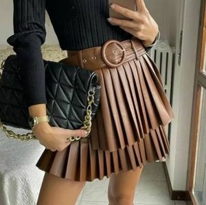 ZARA WHISKEY BROWN  LEATHER PLEATED HIGH WAISTED MINI SKIRT BELT BELTED ZIP sz S
